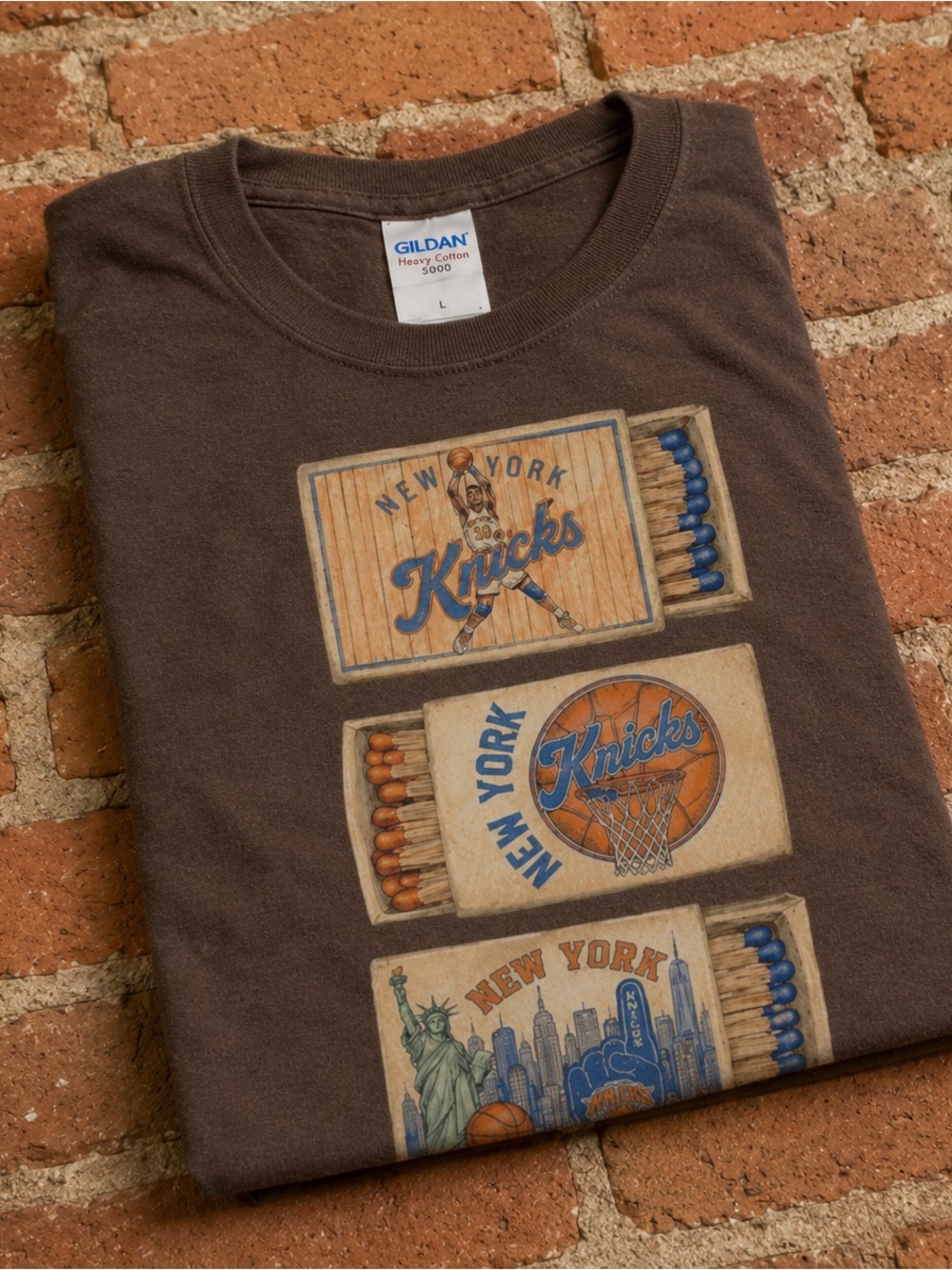 Gildan 5000 Brown Knicks Matchbox Graphic Tee, Vintage Size L - Picture 2 of 5